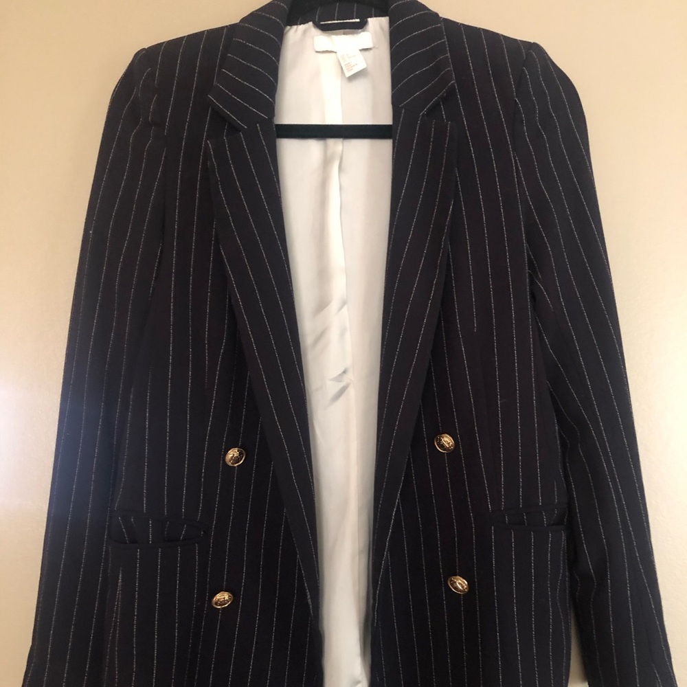 Blue and white striped blazer with gold buttons